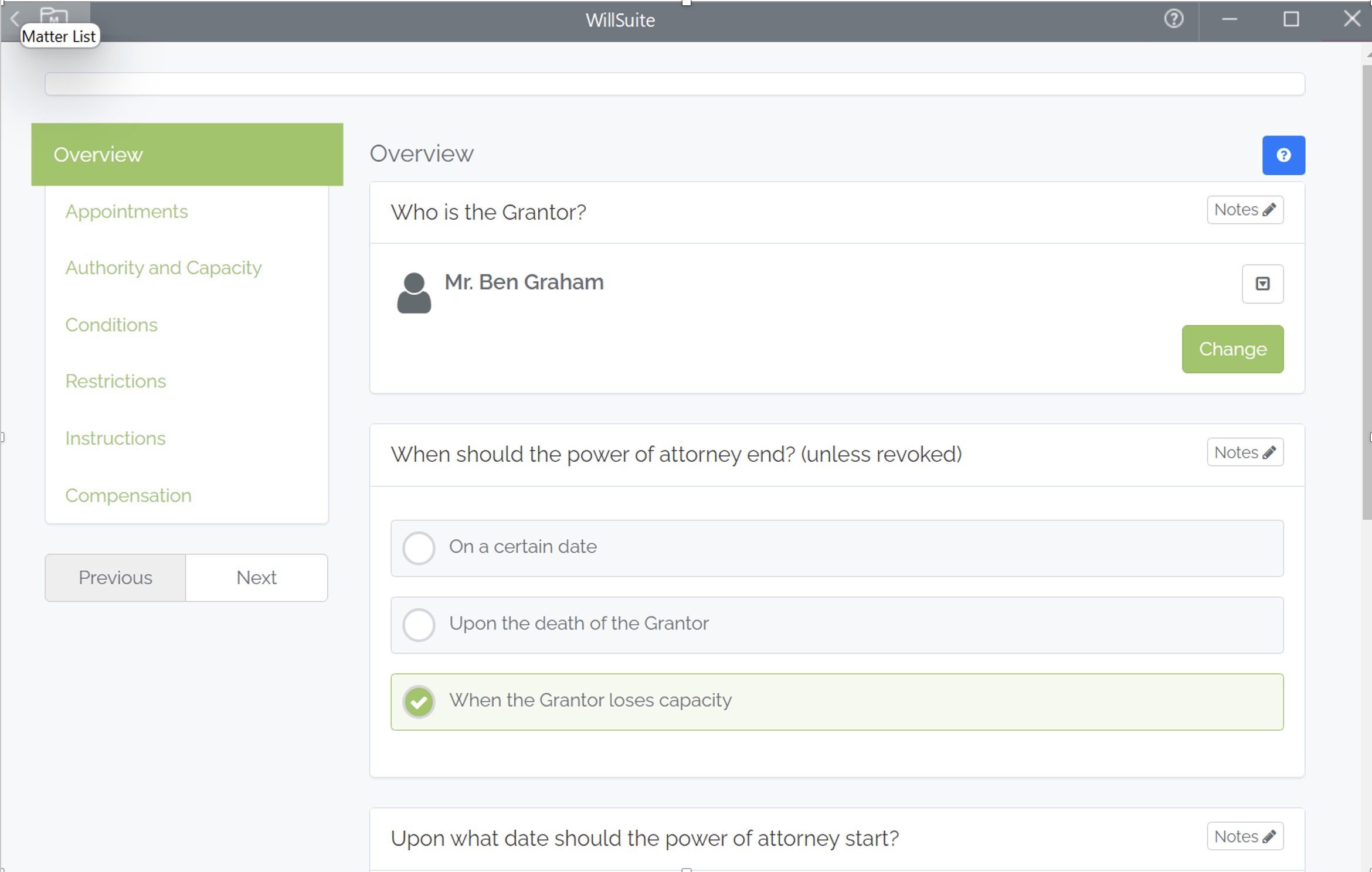 User interface of a legal software, showing a section with options about when the power of attorney should end, with one option selected.