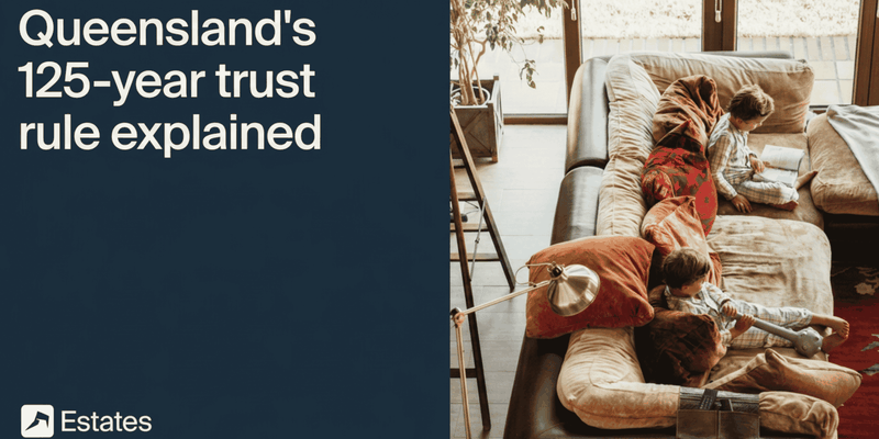 Text reads "Queensland's 125-year trust rule explained" beside an overhead view of two children reading on a large sofa with cushions.