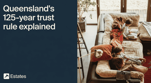 Text reads "Queensland's 125-year trust rule explained" beside an overhead view of two children reading on a large sofa with cushions.