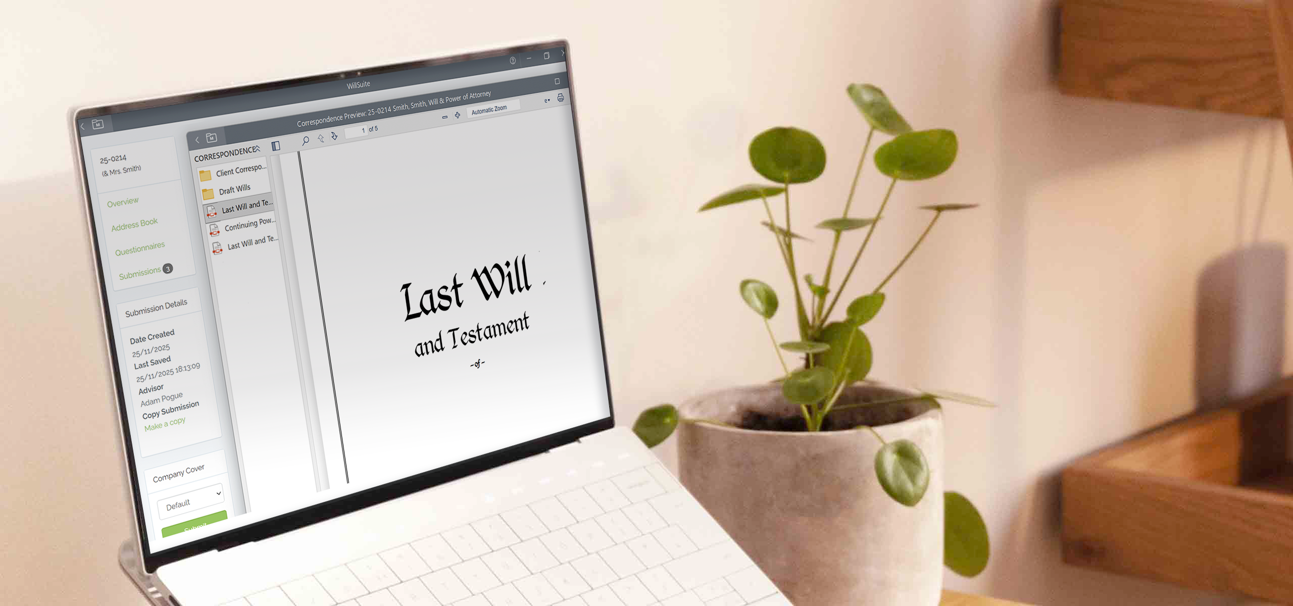 Open laptop showing a "Last Will and Testament" document on screen, sitting beside a small potted plant on a desk.