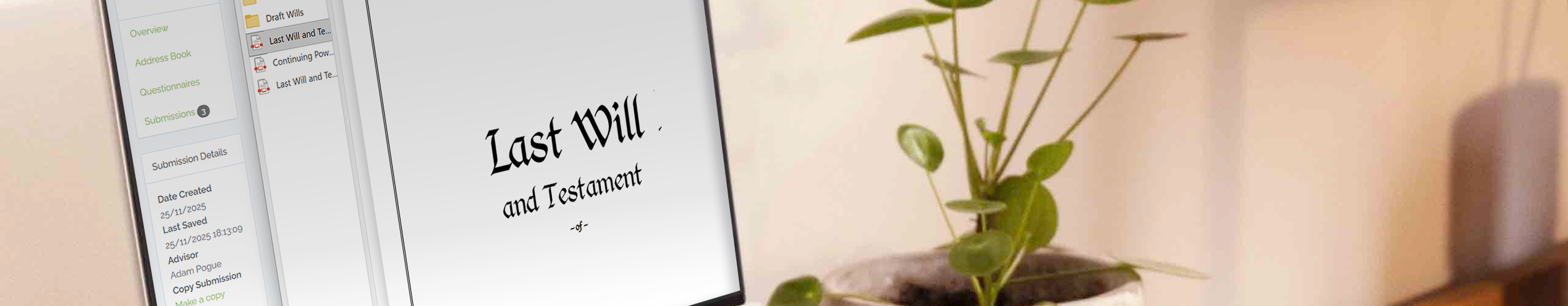 Open laptop showing a "Last Will and Testament" document on screen, sitting beside a small potted plant on a desk.