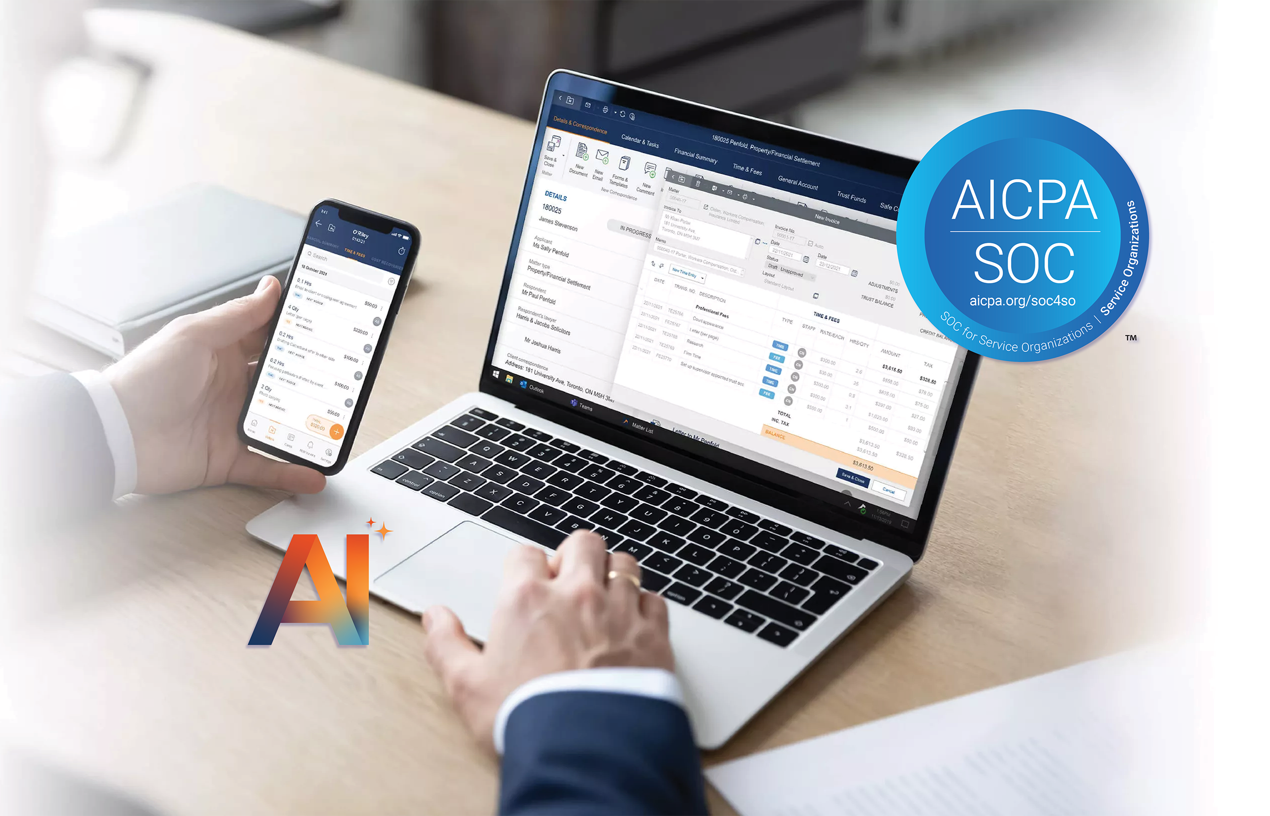 Person using a laptop and smartphone with financial software, featuring AICPA SOC certification and AI elements.