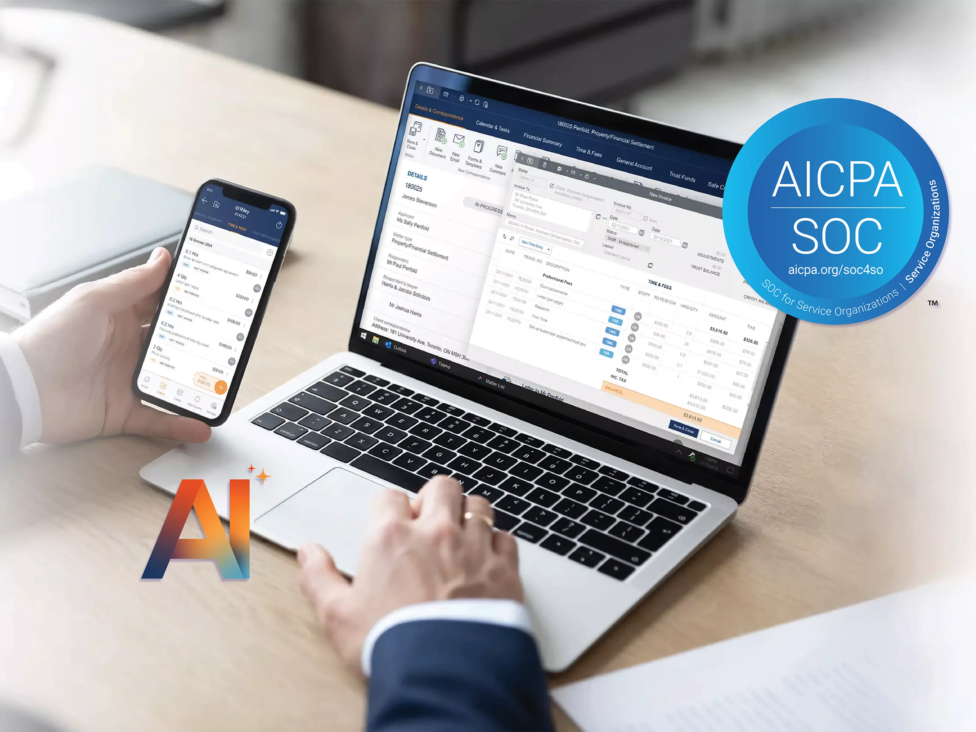 Person using a laptop and smartphone with financial software, featuring AICPA SOC certification and AI elements.