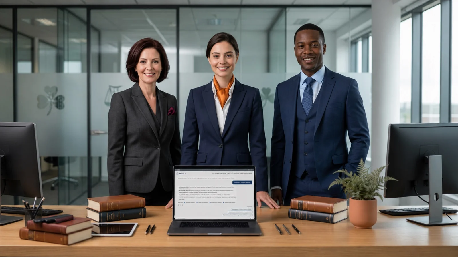 Three UK legal professionals in a modern law firm office reviewing law firm accounting software on a laptop showing LEAP Matter AI
