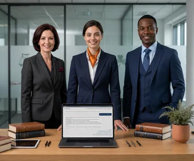 Three UK legal professionals in a modern law firm office reviewing law firm accounting software on a laptop showing LEAP Matter AI