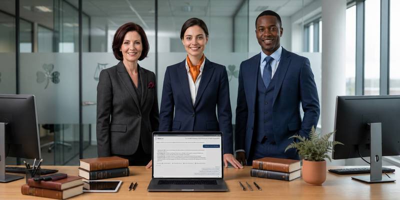Three UK legal professionals in a modern law firm office reviewing law firm accounting software on a laptop showing LEAP Matter AI