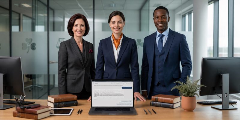 Three UK legal professionals in a modern law firm office reviewing law firm accounting software on a laptop showing LEAP Matter AI