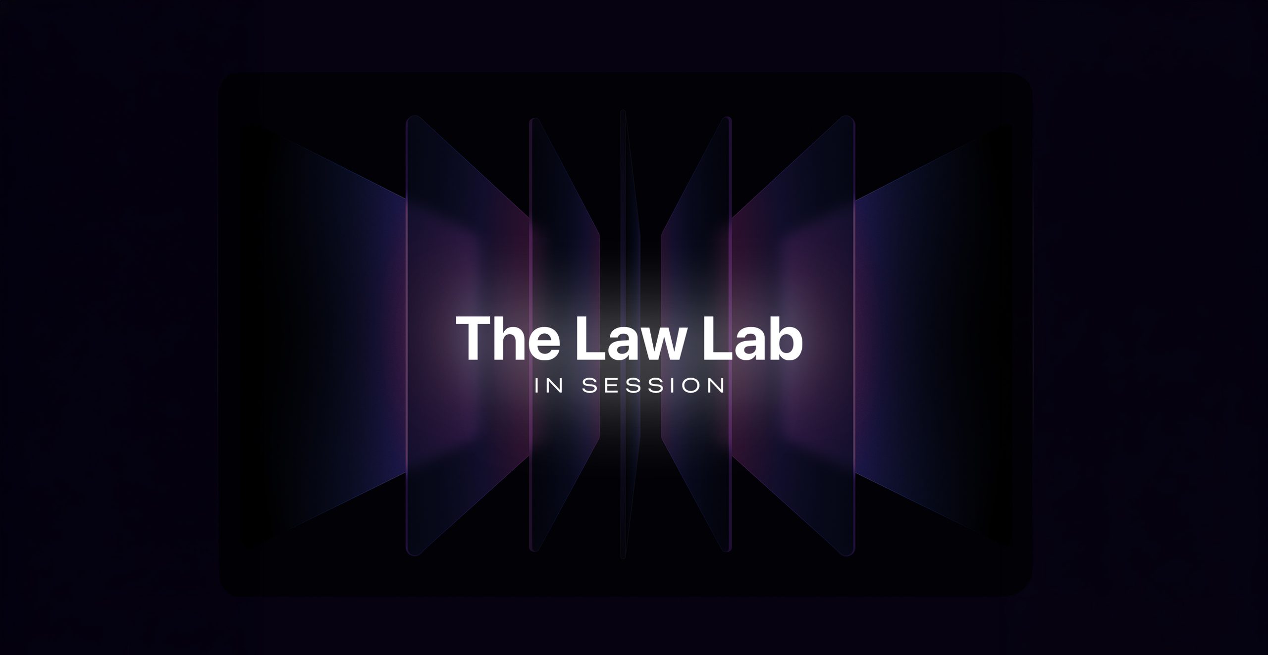 A dark-themed graphic with the text "The Law Lab" and "In Session" in white letters, set over a series of layered translucent panels.
