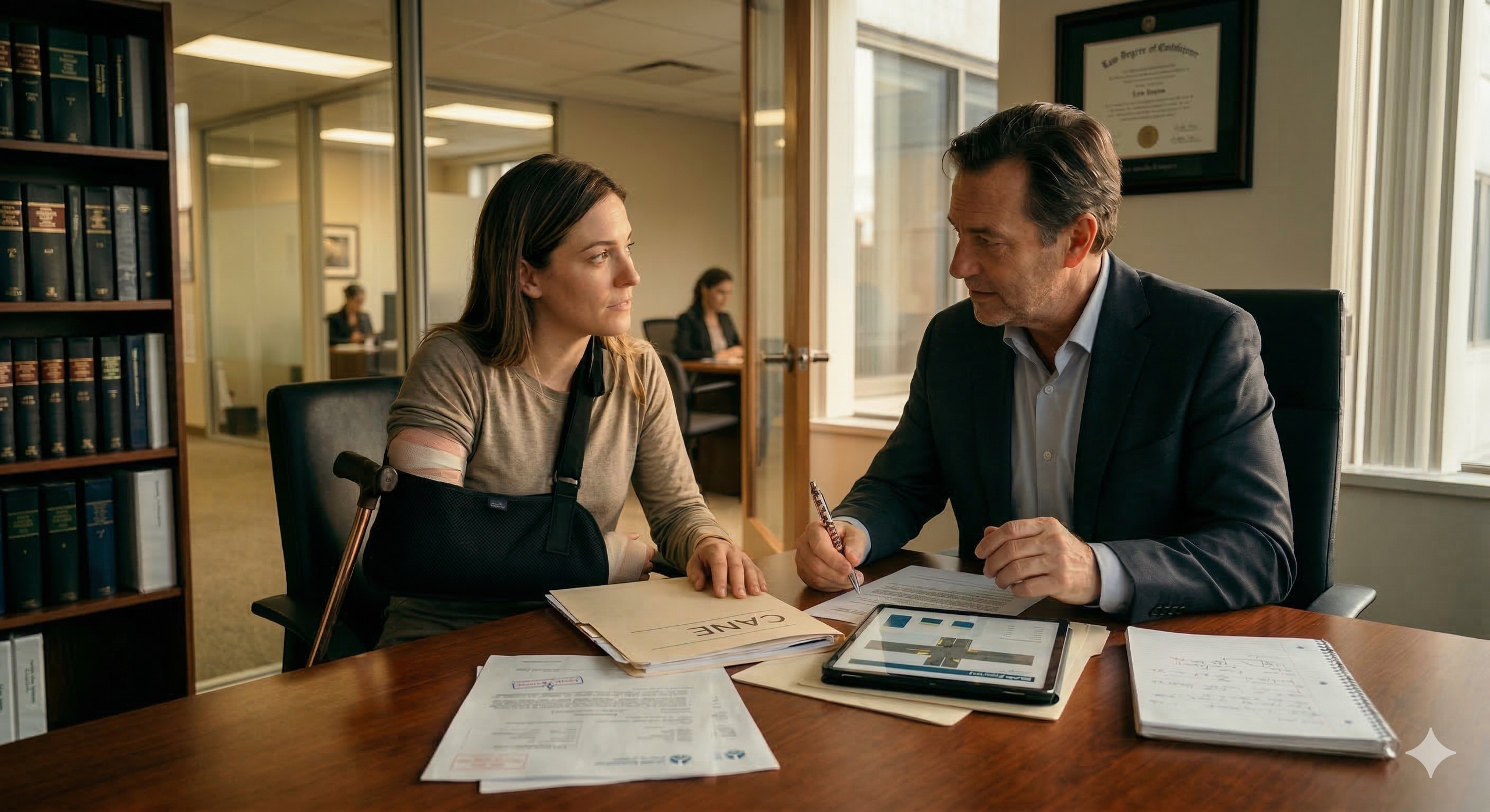Personal injury lawyer and client consulting in an office
