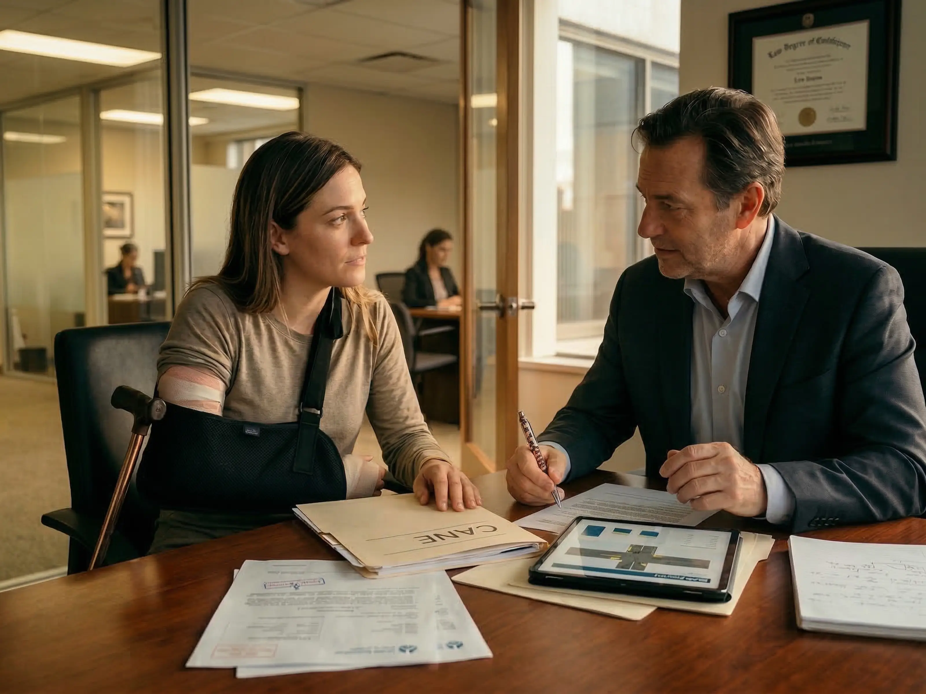 Personal injury lawyer and client consulting in an office