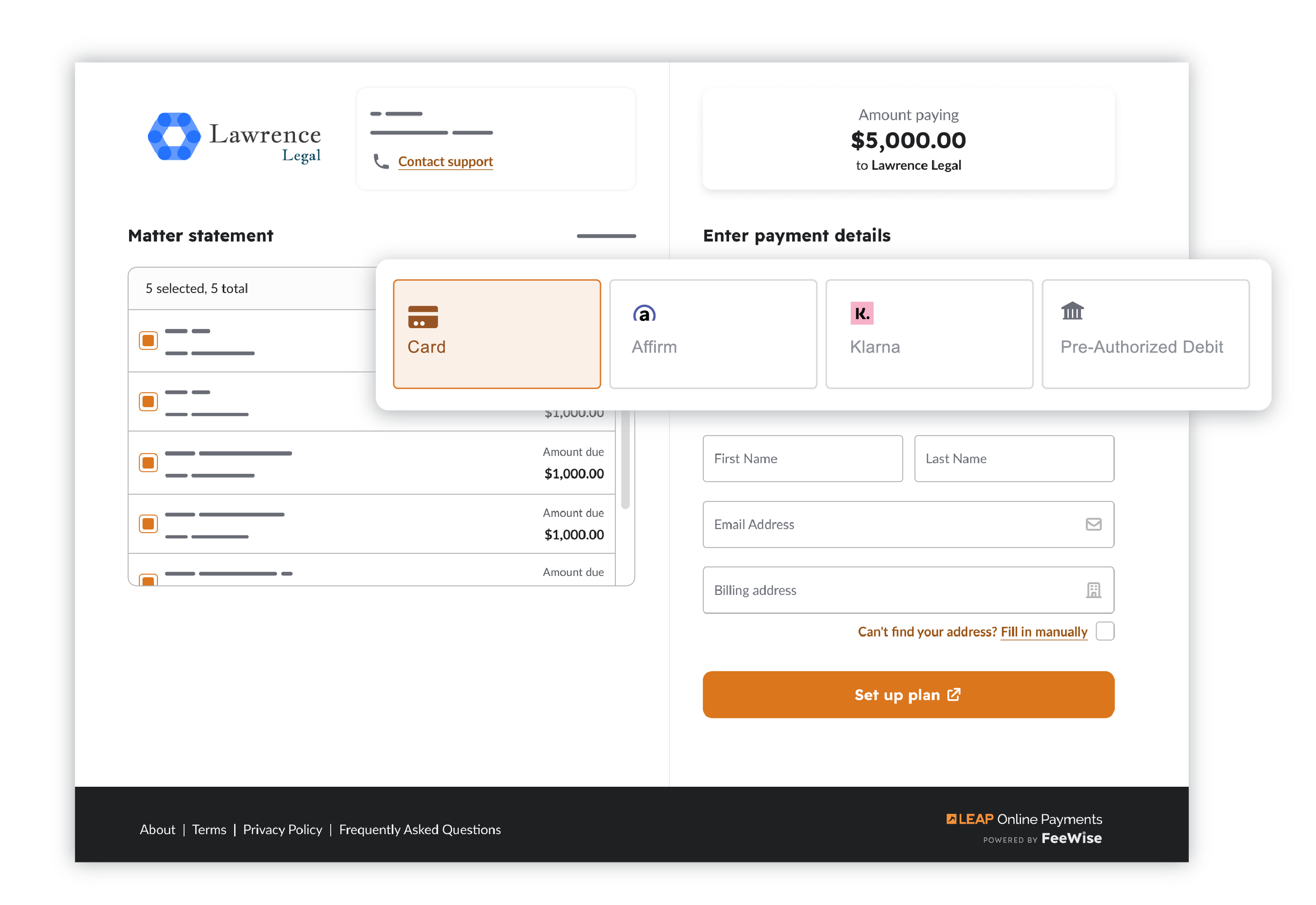 Lawrence Legal payment page showing $5,000 due, payment options (Card, Affirm, Klarna, Pre‑Authorized Debit), billing fields and a "Set up plan" button.