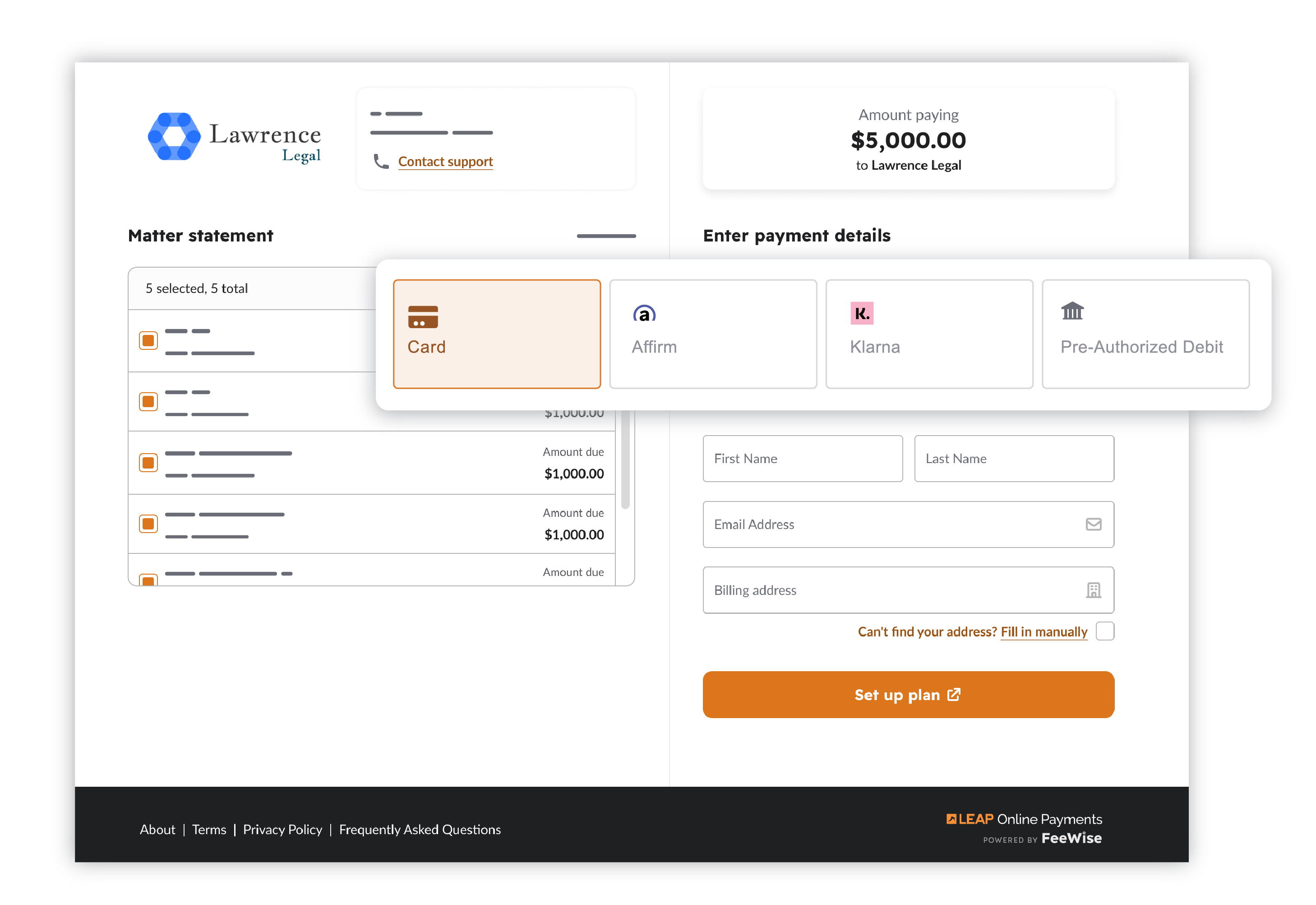 Lawrence Legal payment page showing $5,000 due, payment options (Card, Affirm, Klarna, Pre‑Authorized Debit), billing fields and a "Set up plan" button.