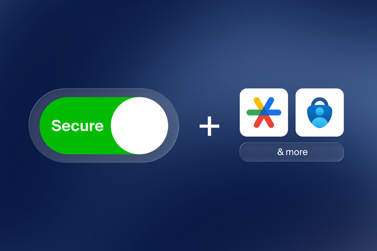 A green toggle switch labeled "Secure" with icons indicating security features, plus and more symbols, on a dark blue background.