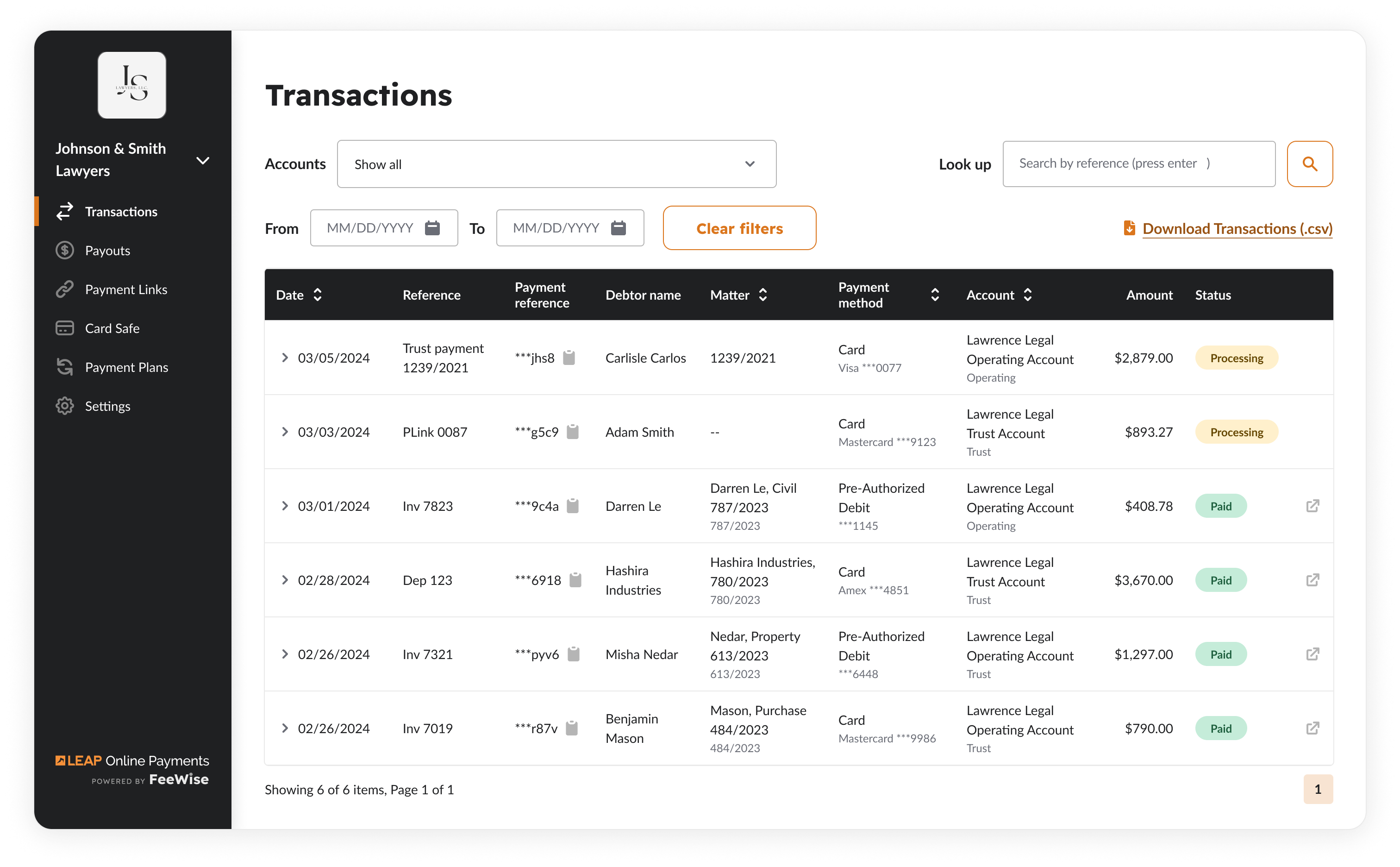 Transactions dashboard for Johnson & Smith Lawyers showing a table of payments with dates, clients, amounts, payment methods and status.