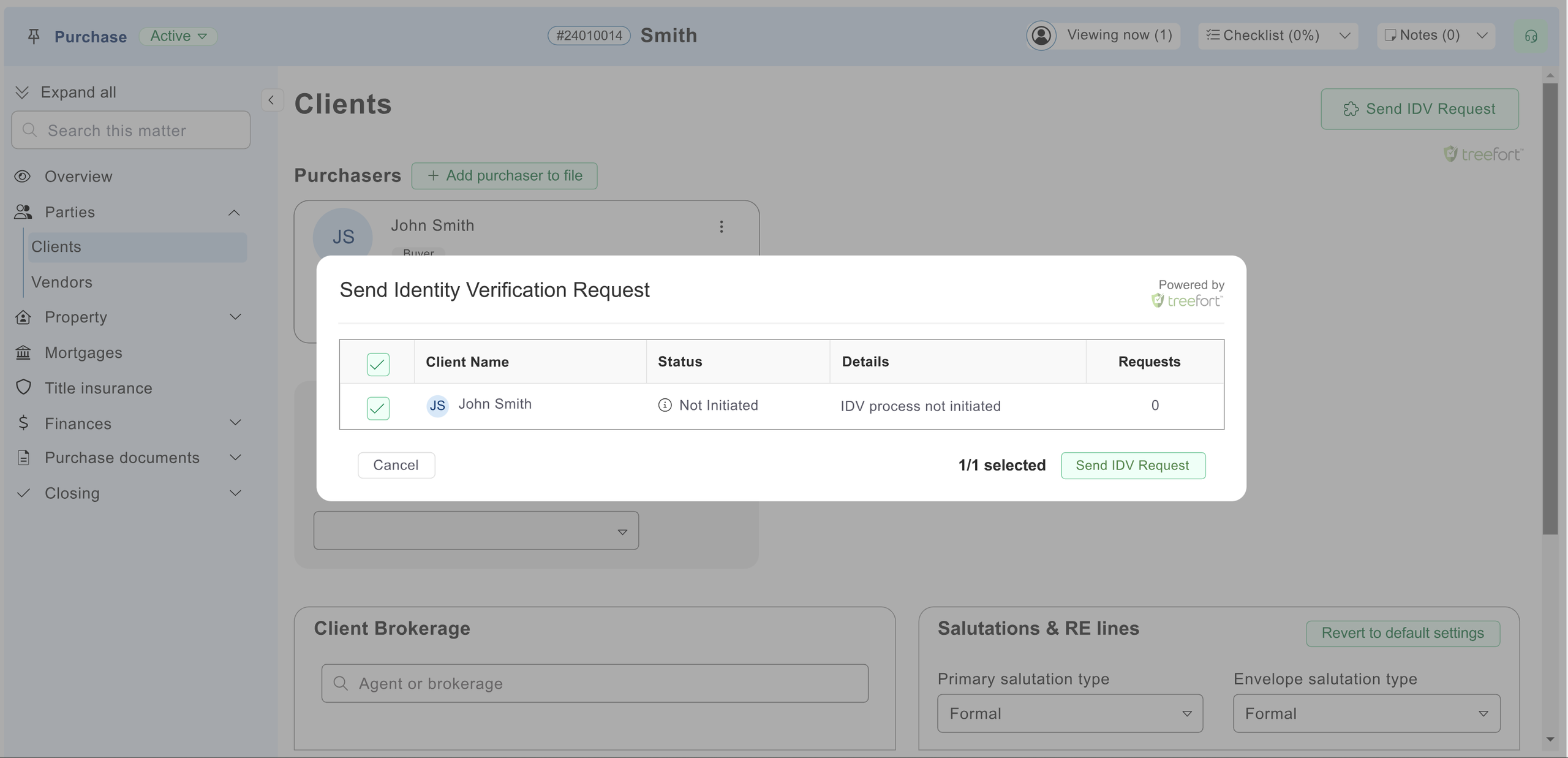 Screenshot of a software interface for sending identity verification requests, highlighting client details and options to send requests.