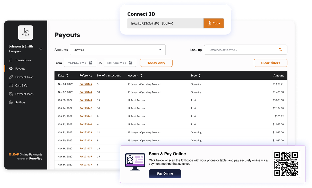 Payments dashboard for Johnson & Smith Lawyers showing payouts table, Connect ID banner and Scan & Pay Online panel with QR code.