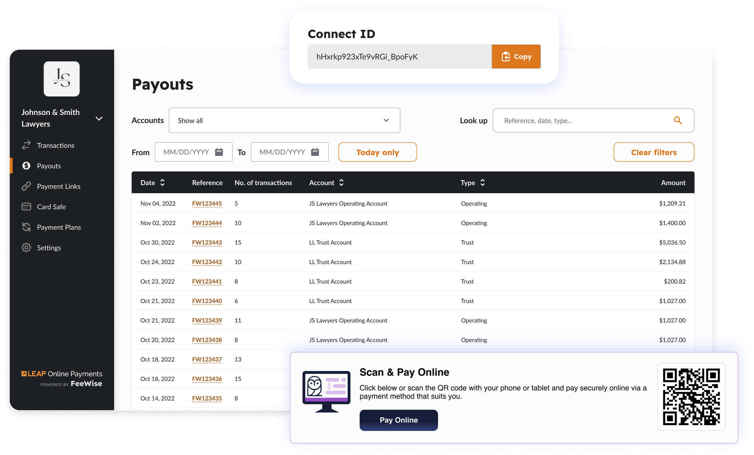 Payments dashboard for Johnson & Smith Lawyers showing payouts table, Connect ID banner and Scan & Pay Online panel with QR code.