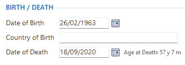Form fields showing birth date as 26/02/1963, death date as 18/09/2020, and age at death as 57 years 7 months.