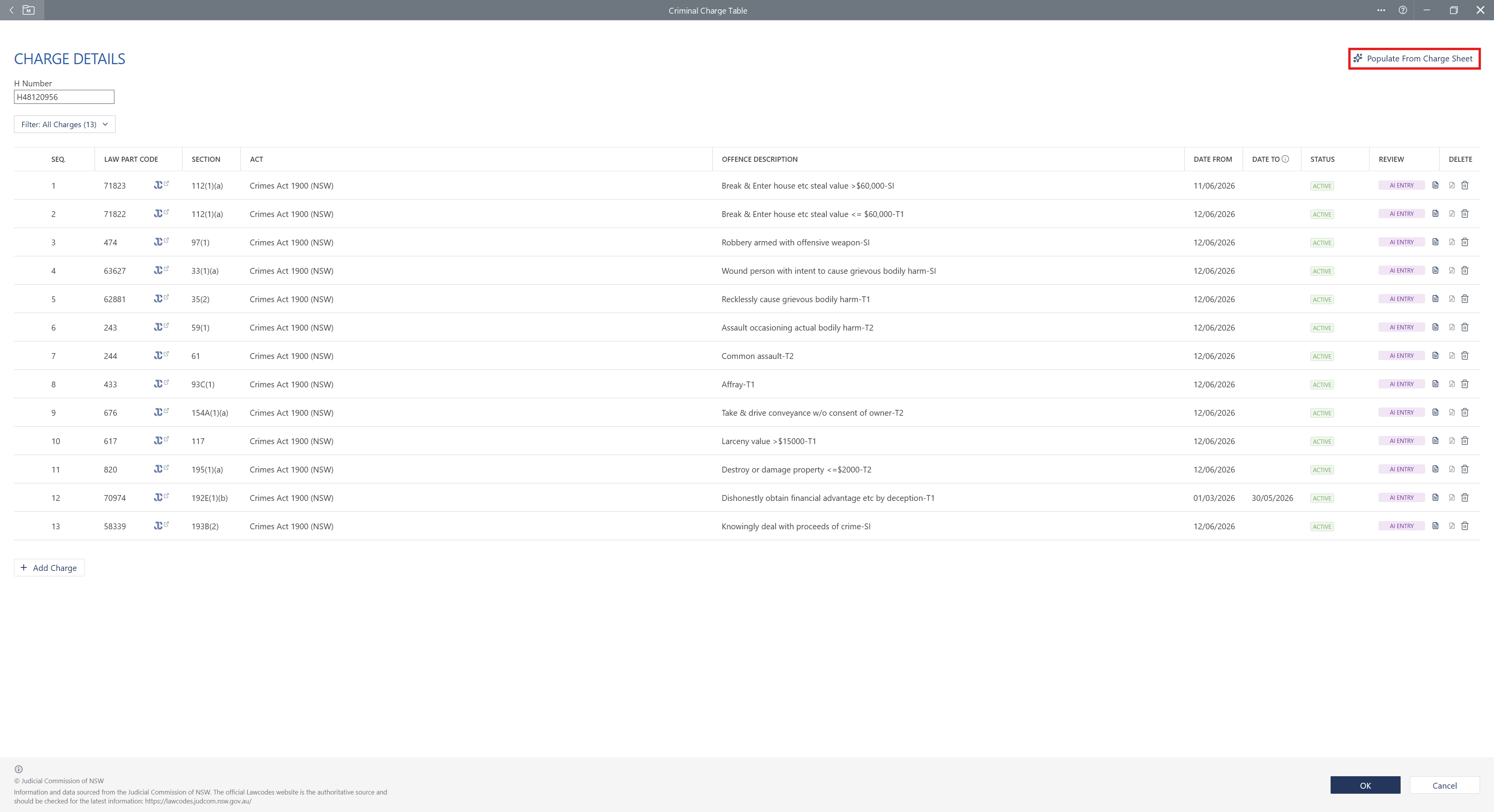 Table displaying criminal charge details, including H Number, law part codes, offence descriptions, dates, statuses, and review options.