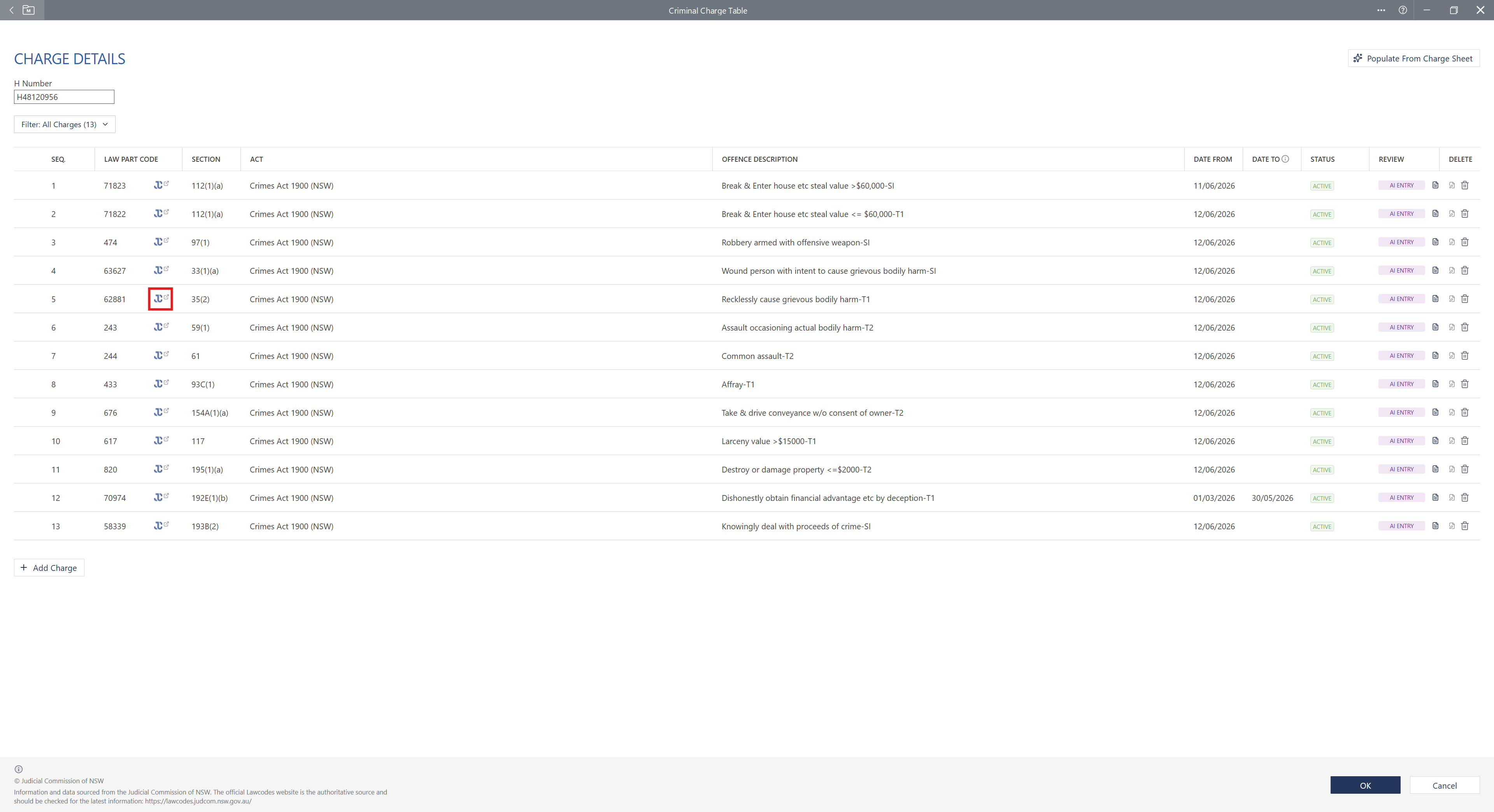 A table displaying criminal charge details, including sequences, law part codes, sections, acts, offence descriptions, dates, statuses, and review options.