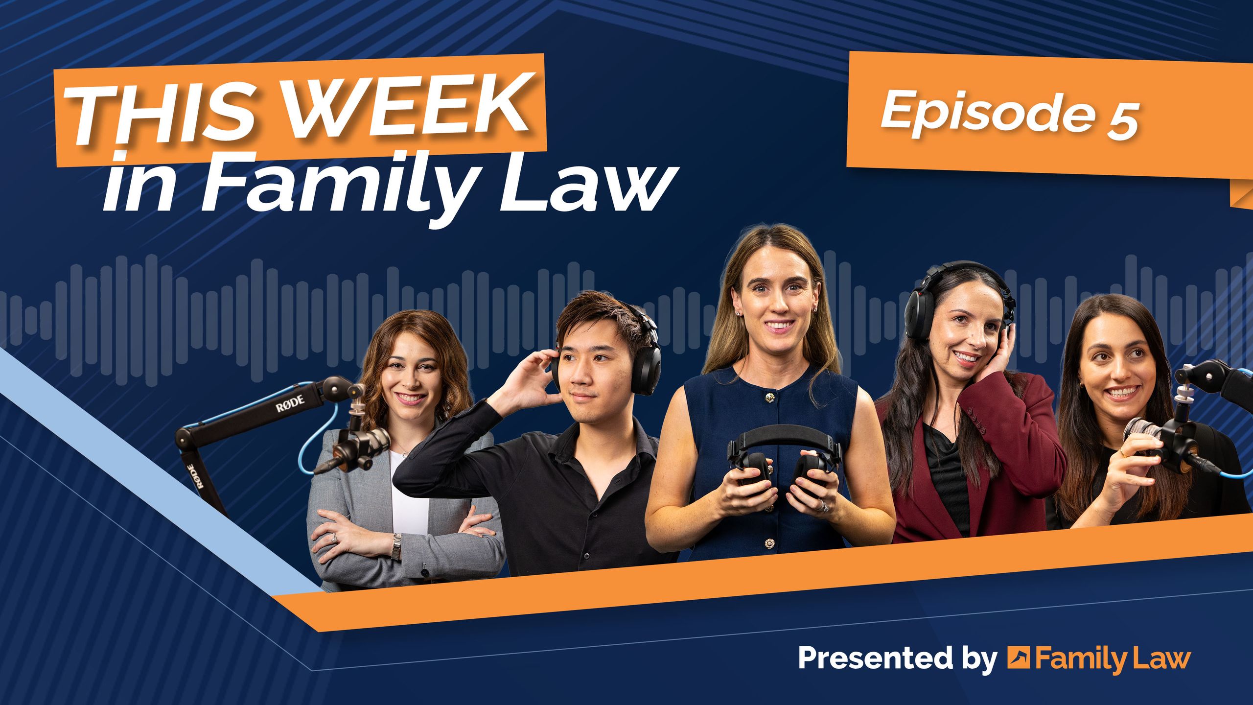 A group of five people with microphones on a podcast set for "This Week in Family Law: Episode 5," presented by Family Law.
