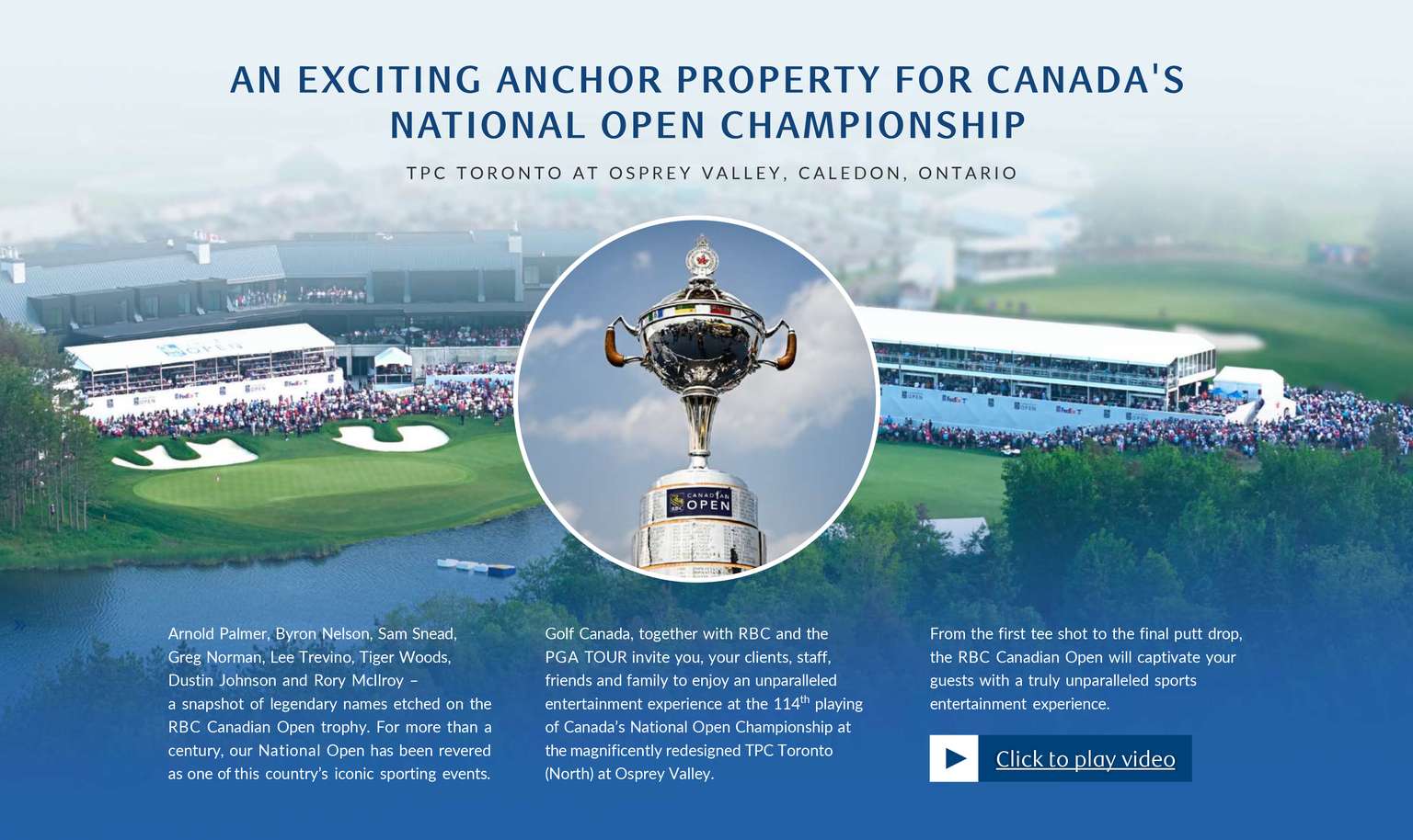 Golf championship promotion featuring a trophy in the center, surrounded by crowds on a lush golf course, with a grandstand in the background.