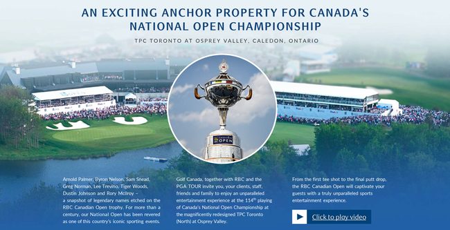 Golf championship promotion featuring a trophy in the center, surrounded by crowds on a lush golf course, with a grandstand in the background.