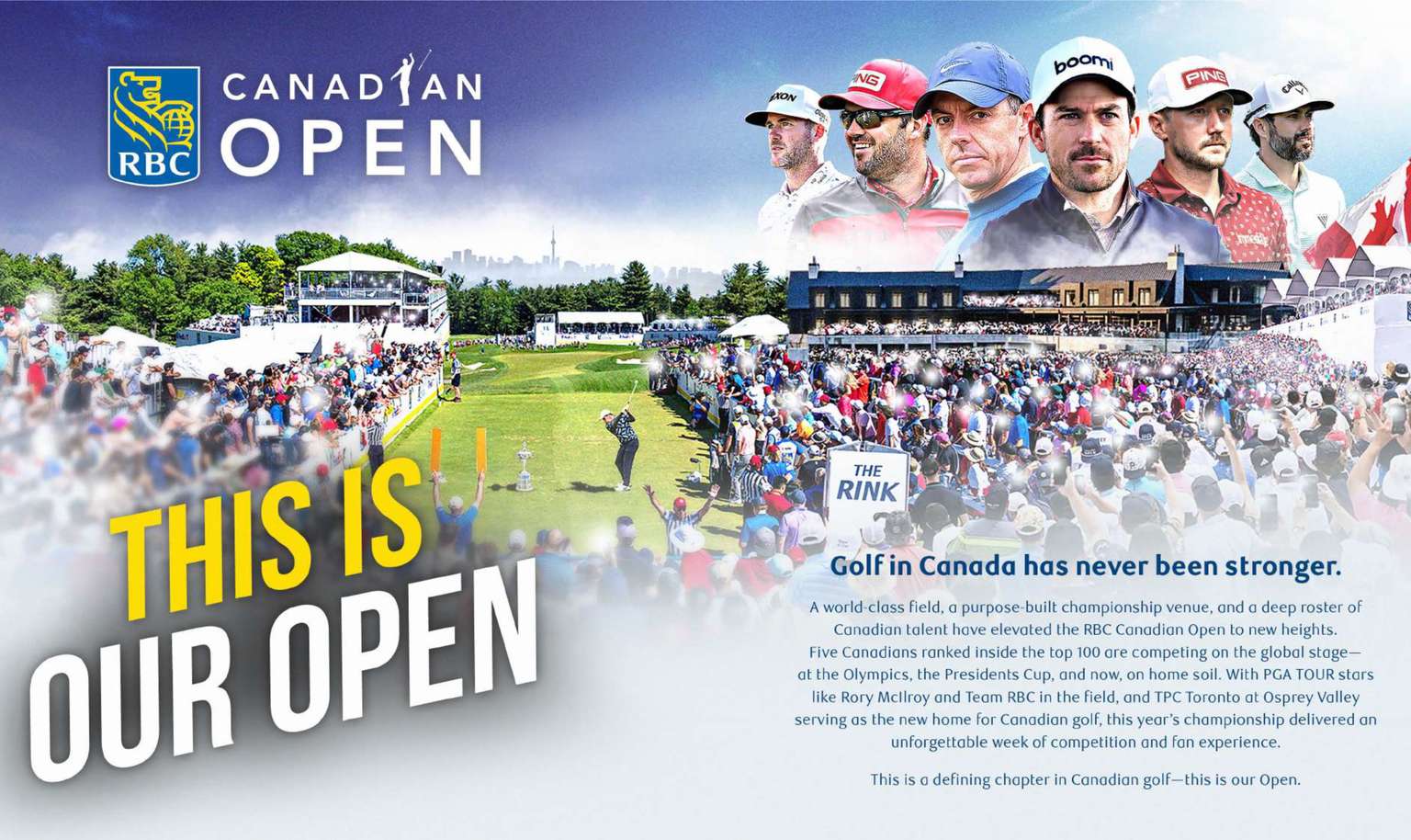 Crowd at a golf tournament with players' photos above. Text reads "This is Our Open" alongside promotional details for the RBC Canadian Open.