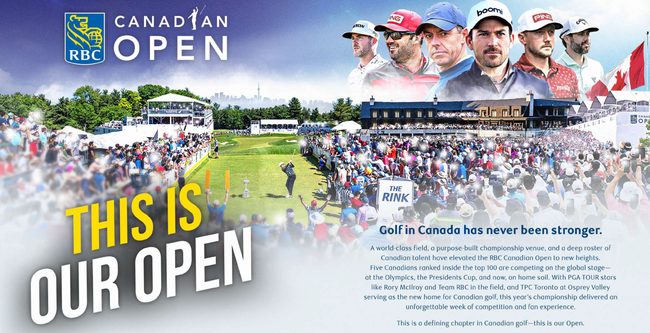 Crowd at a golf tournament with players' photos above. Text reads "This is Our Open" alongside promotional details for the RBC Canadian Open.