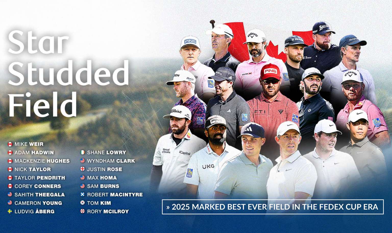 Group of male golfers in branded sportswear, posing against a golf course background. Text highlights a "Star Studded Field" and lists their names.