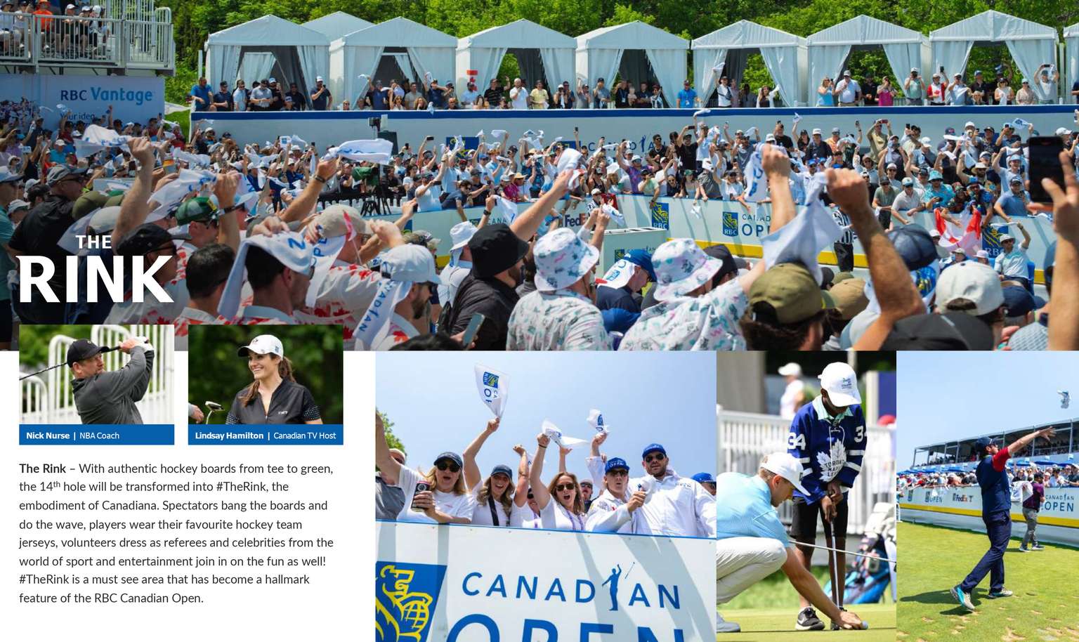 A lively crowd at the RBC Canadian Open golf tournament, with players in team jerseys, excited spectators, and promotional banners.