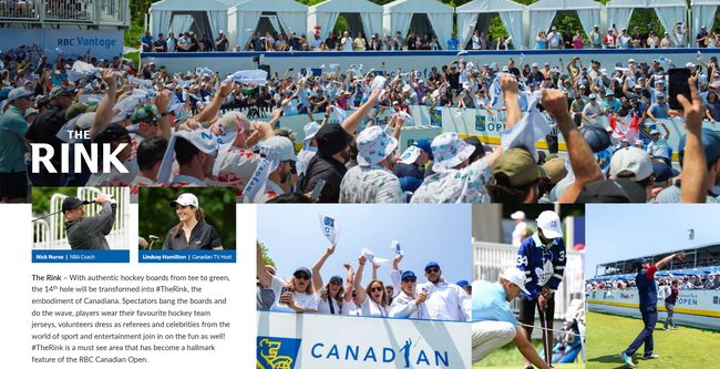 A lively crowd at the RBC Canadian Open golf tournament, with players in team jerseys, excited spectators, and promotional banners.