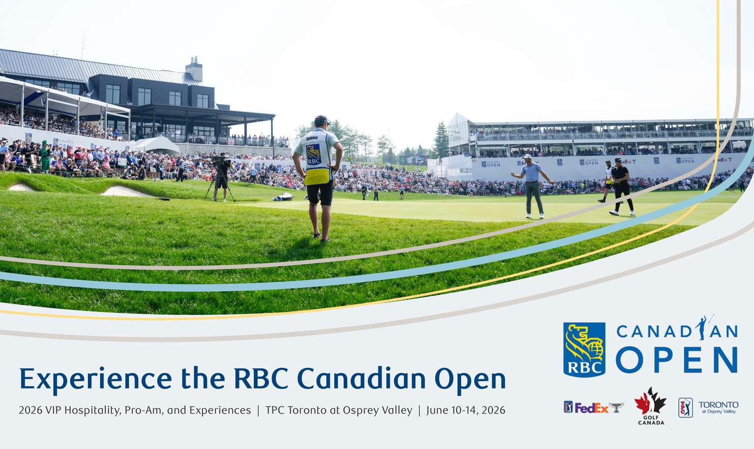 Golfer walking on a lush green course at RBC Canadian Open, surrounded by spectators and modern stands under a clear blue sky.
