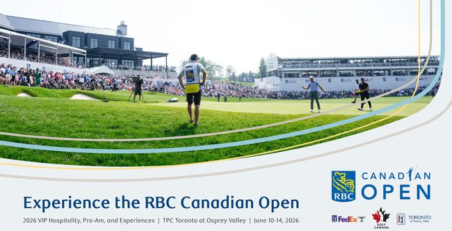 Golfer walking on a lush green course at RBC Canadian Open, surrounded by spectators and modern stands under a clear blue sky.