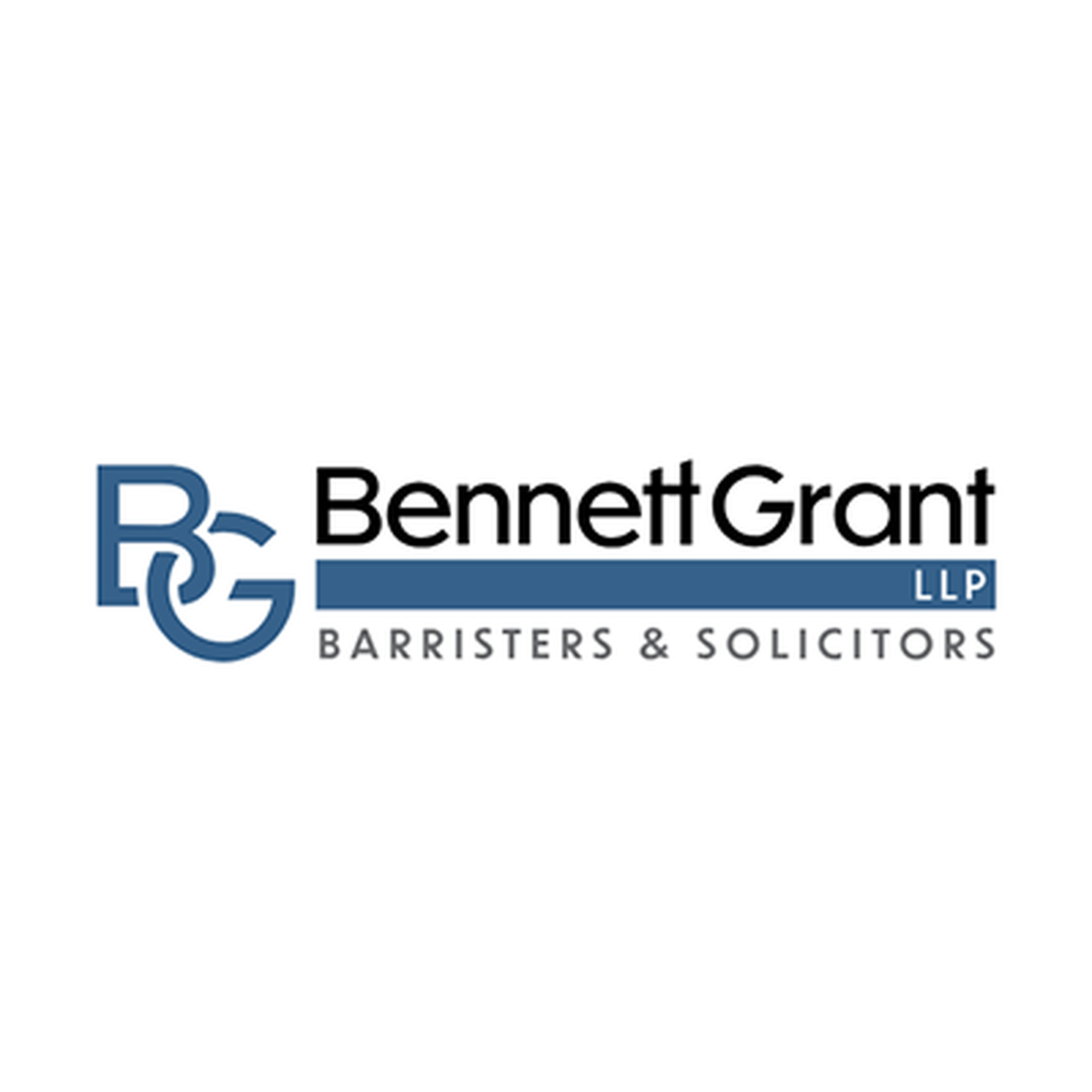 Logo of Bennett Grant LLP with stylized "BG" initials and text "Barristers & Solicitors" in blue and black on a white background.
