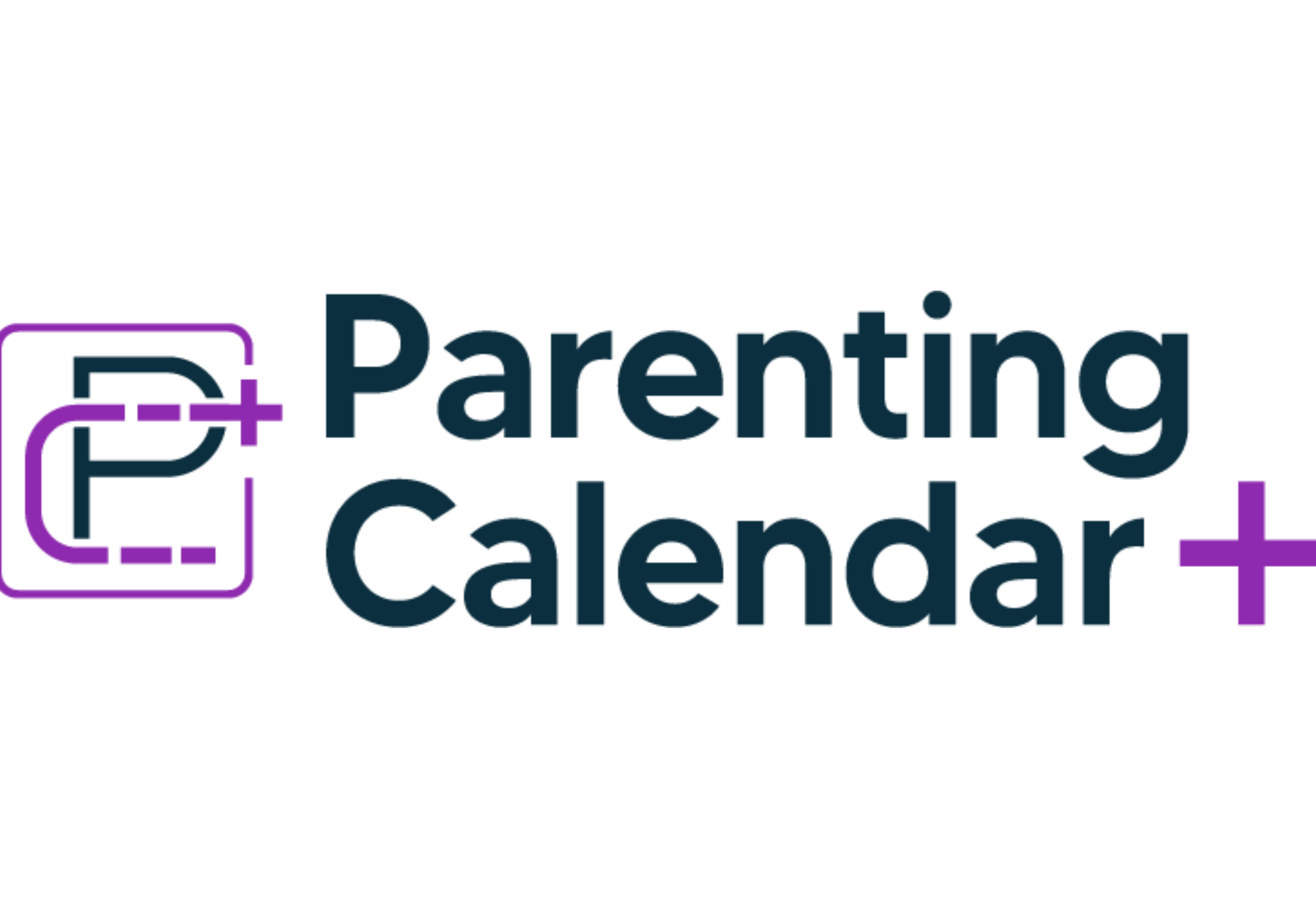 Logo with the text "Parenting Calendar+" in dark blue, featuring a stylized purple "P" and a plus symbol.