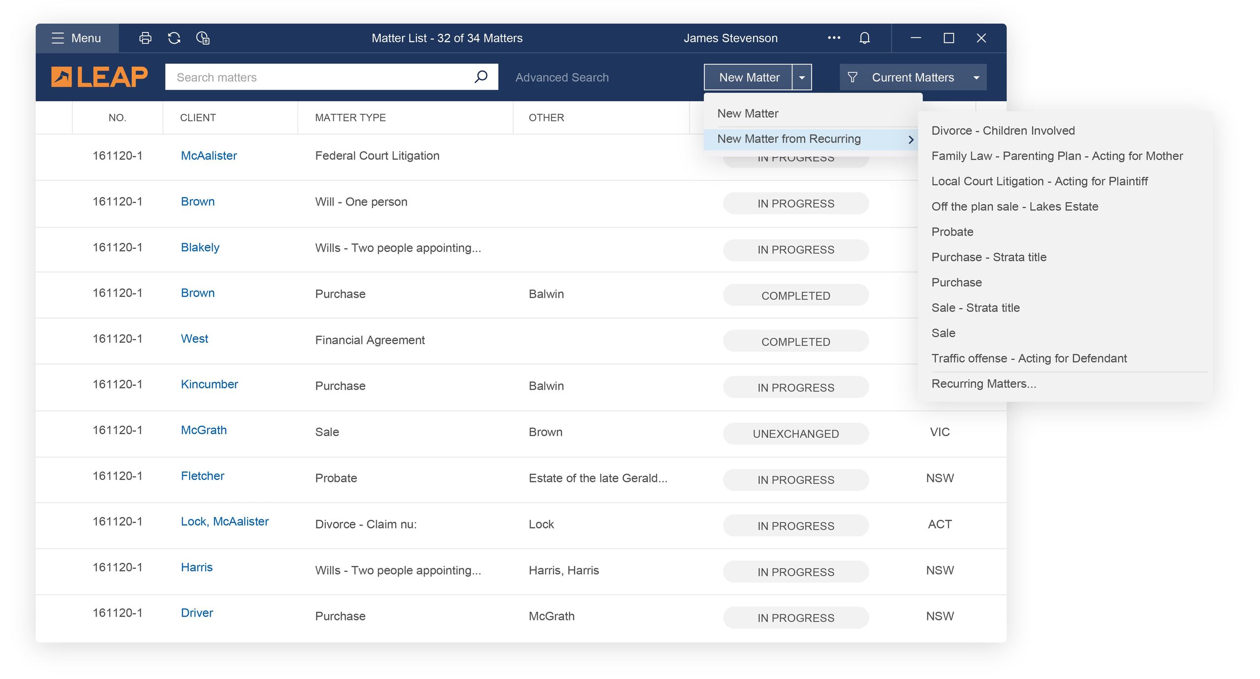 Features Recurring Matters Recurring Matter Templates