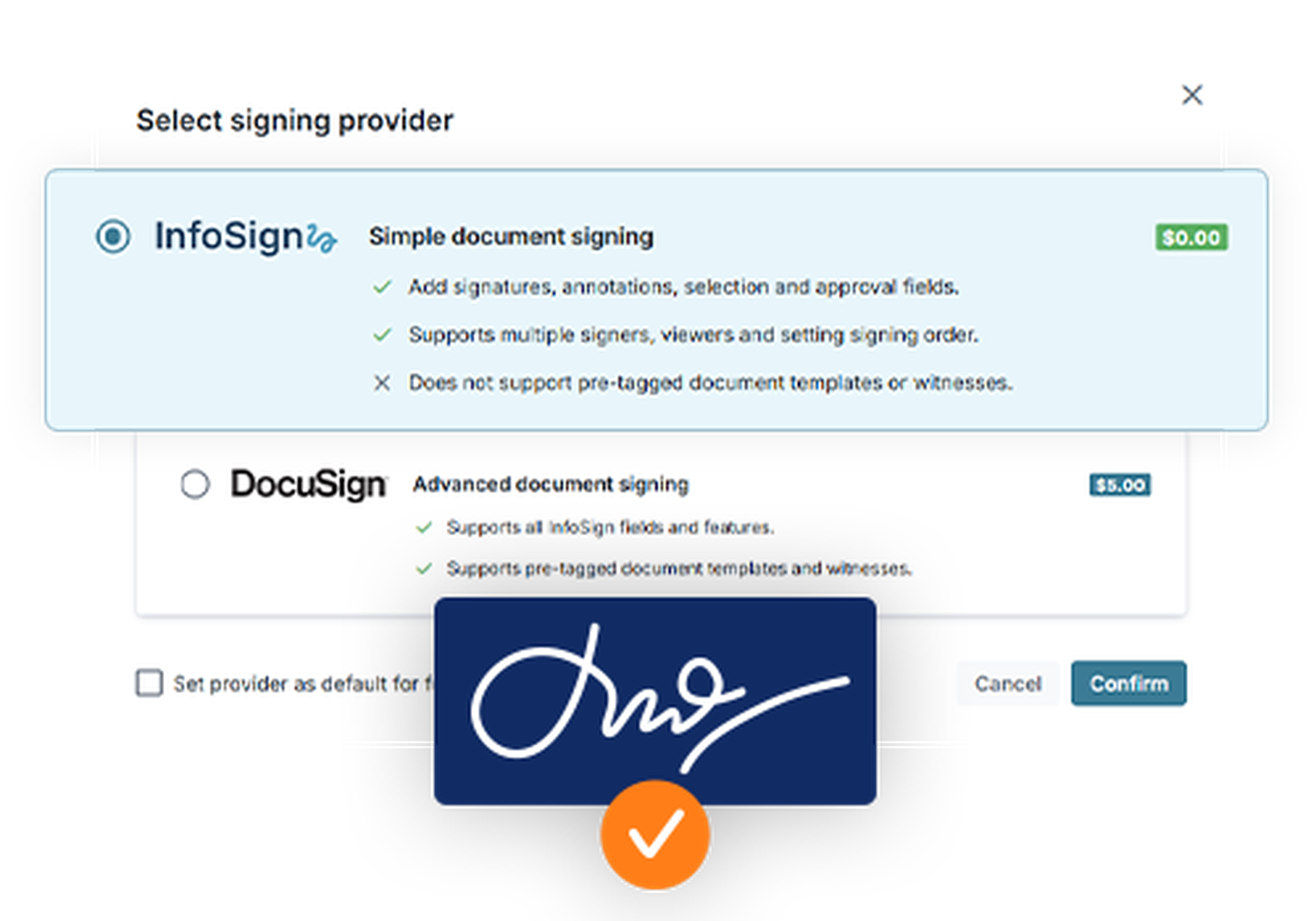 Interface showing selection between InfoSign, a free document signing option, and DocuSign, a paid option, with signature icon and confirm button.