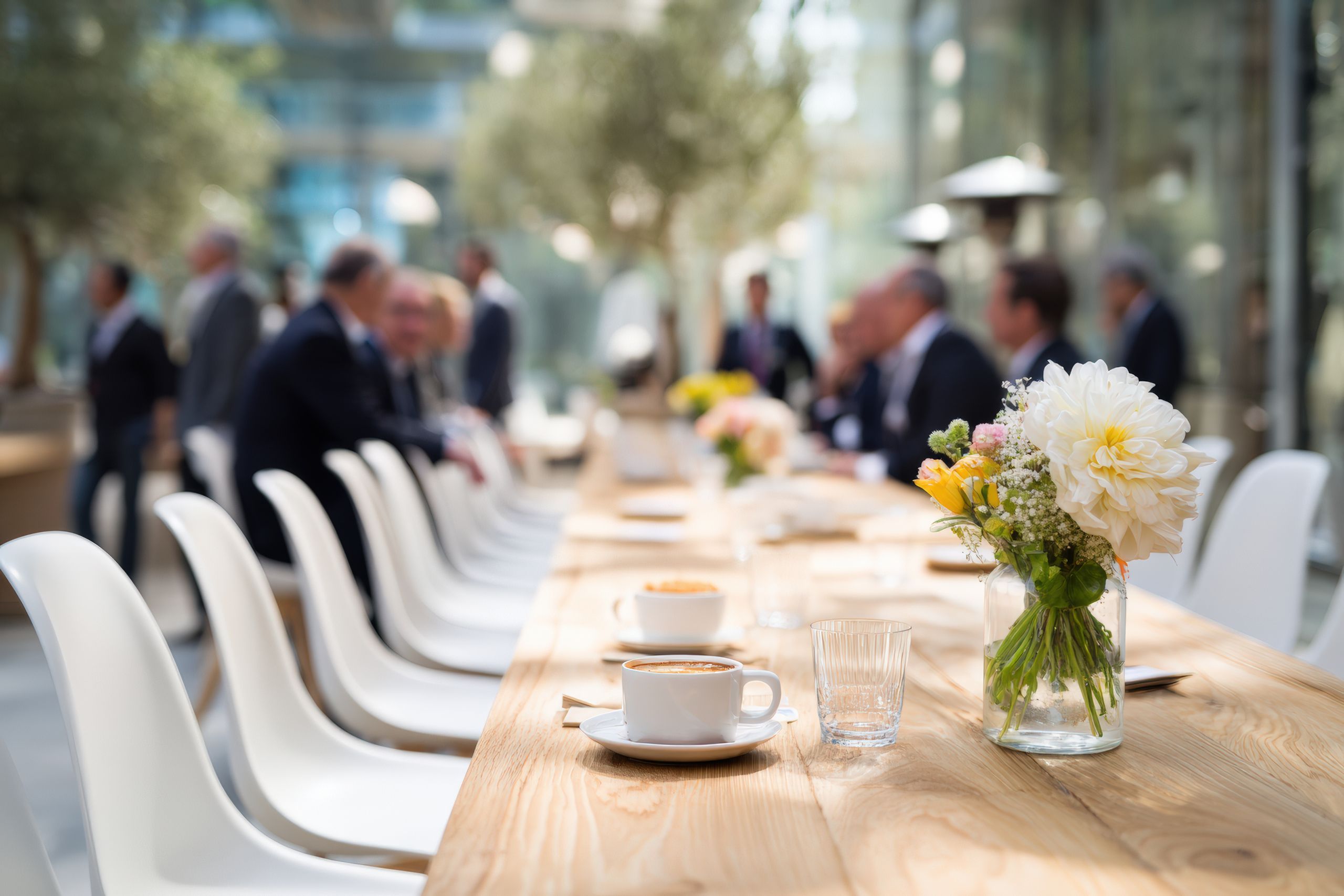 Roundtable for professionals with coffee and flowers on the table