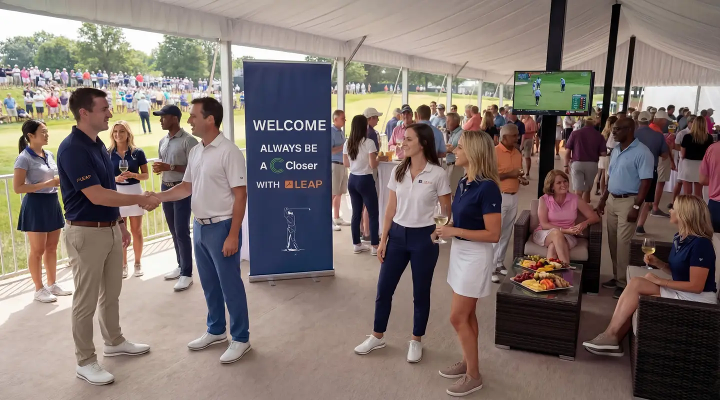 People mingling at a golf event under a tent, enjoying drinks and snacks, with a "Welcome" sign in the background.