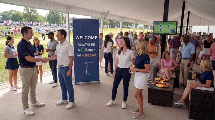 People mingling at a golf event under a tent, enjoying drinks and snacks, with a "Welcome" sign in the background.