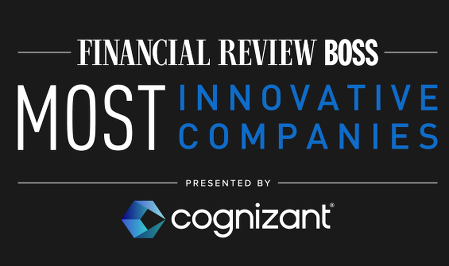 Banner reads "Financial Review Boss: Most Innovative Companies" presented by Cognizant, with a modern blue and white design.