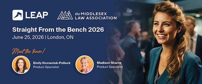 Smiling woman at an event promoting "Straight From the Bench 2026" by LEAP and Middlesex Law Association. Date: June 25, 2026, London, ON.