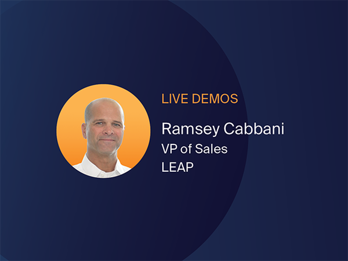 Profile of a person labeled "Ramsey Cabbani, VP of Sales, LEAP" with "LIVE DEMOS" text on a dark blue background.