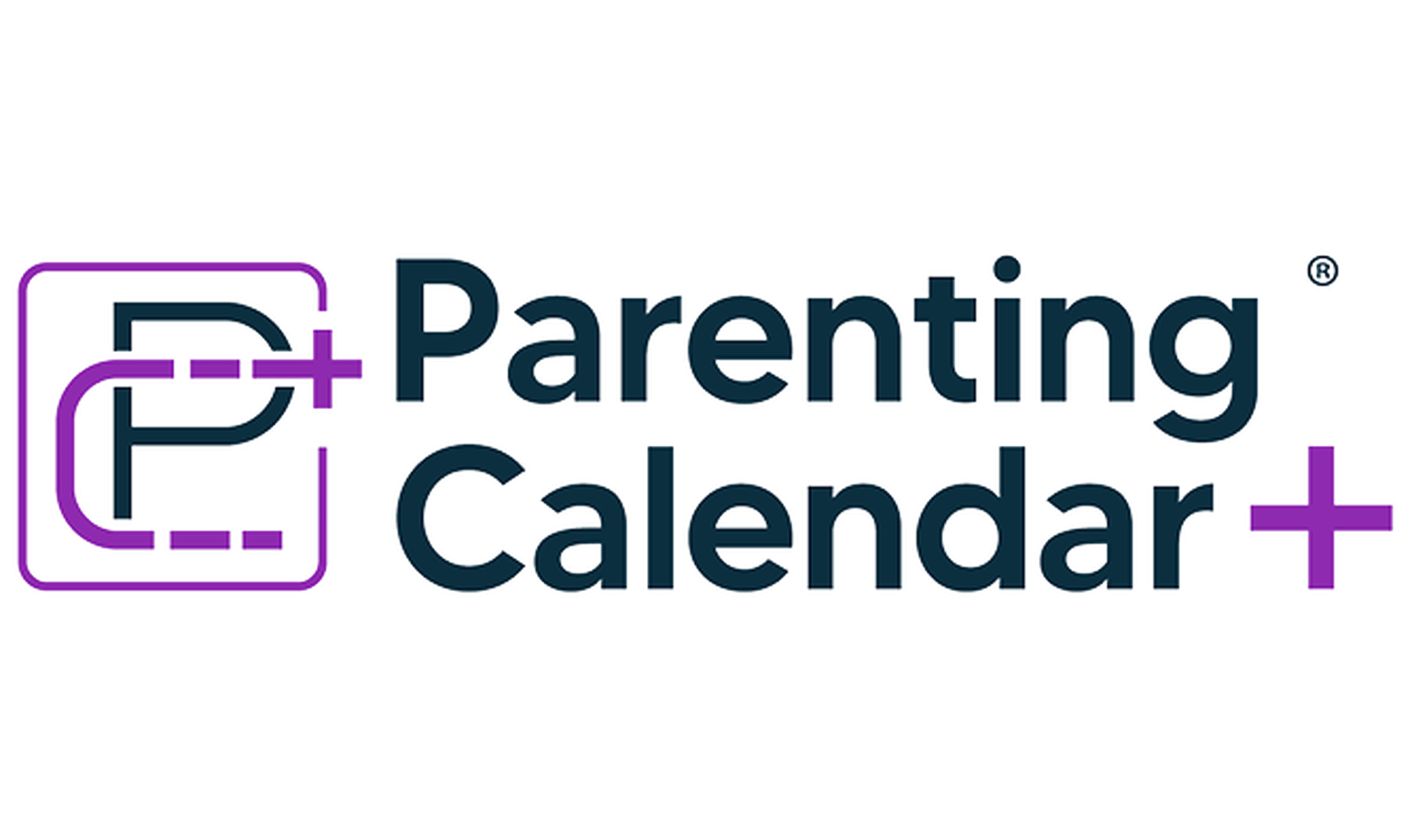 Logo with a stylized "P" in a purple square, followed by the text "Parenting Calendar+" in bold, dark letters.