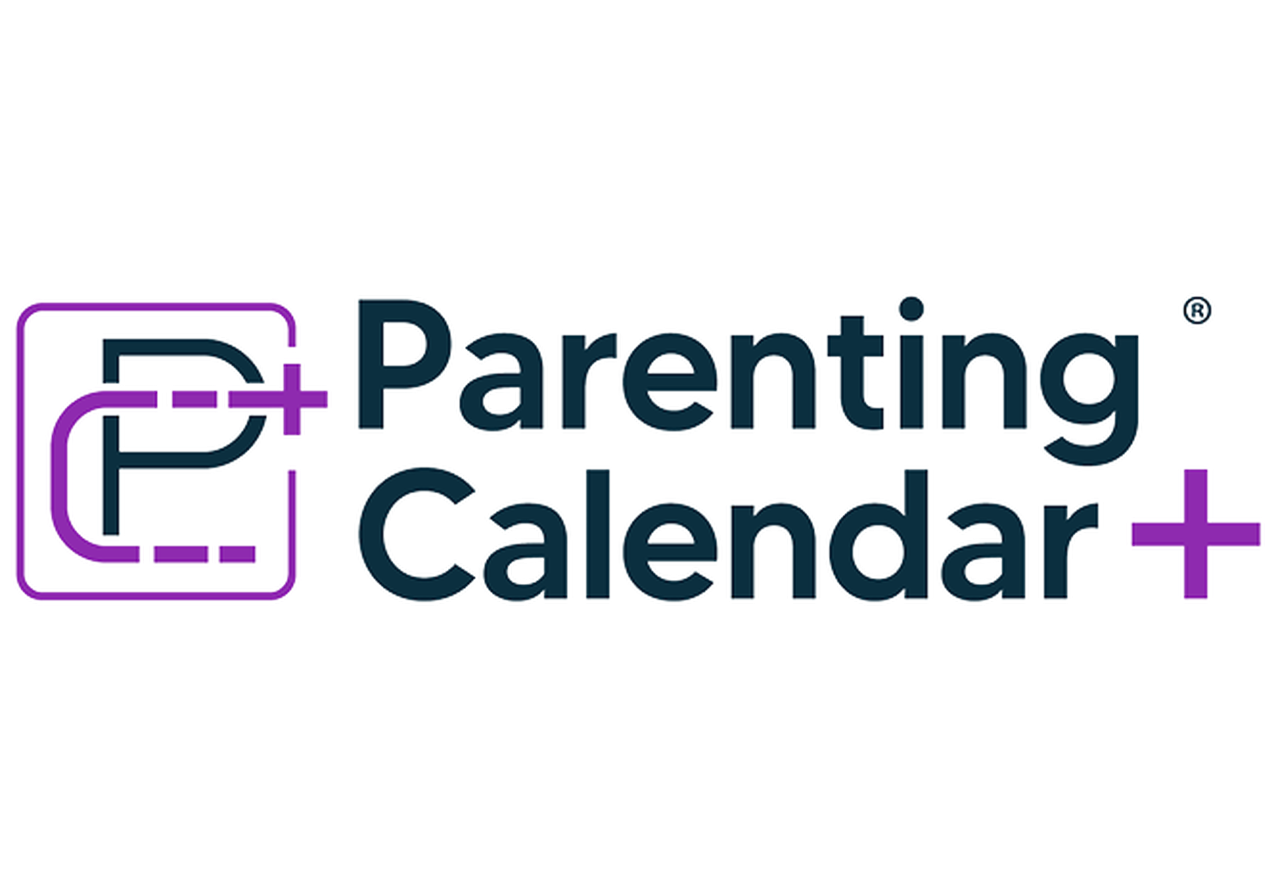 Logo with a stylized "P" in a purple square, followed by the text "Parenting Calendar+" in bold, dark letters.