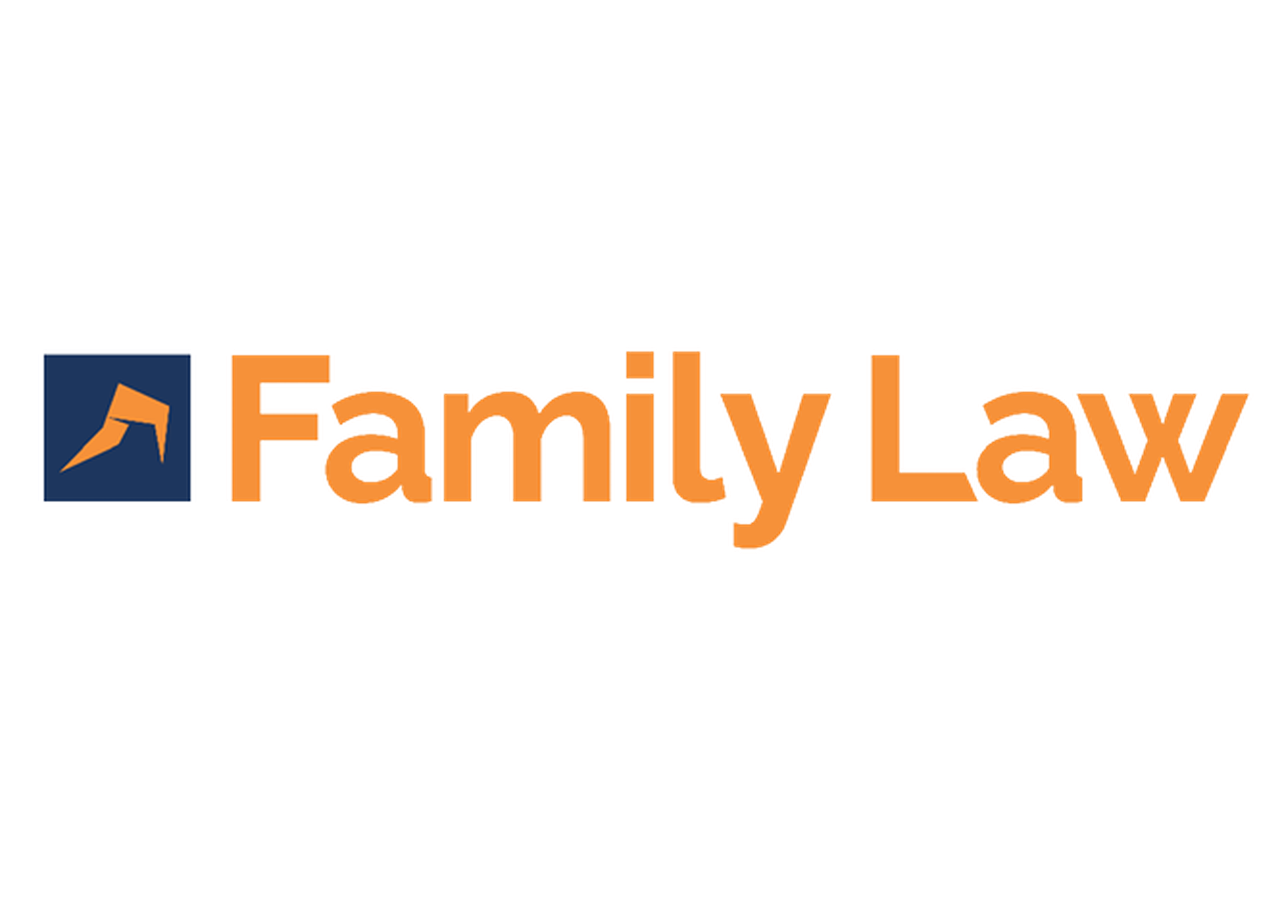 "Family Law" logo in orange text with a blue square featuring an abstract orange design on the left.