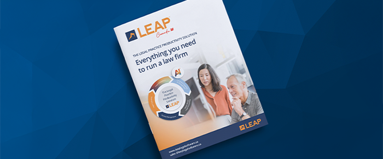 Brochure for LEAP legal software, featuring a woman and man discussing. Text: "Everything you need to run a law firm" with AI mention.