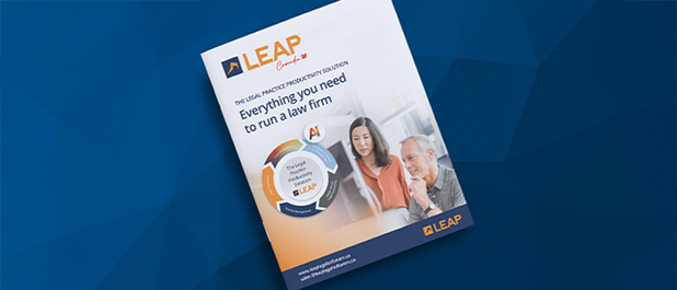 Brochure for LEAP legal software, featuring a woman and man discussing. Text: "Everything you need to run a law firm" with AI mention.