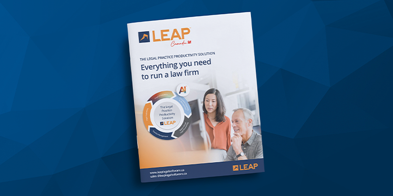 Brochure for LEAP, a legal practice productivity solution, featuring two people and a circular diagram on a blue geometric background.